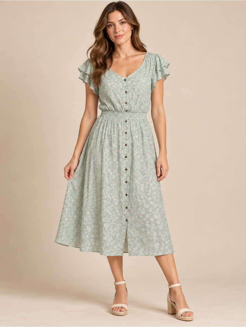 Cottagecore sage green ditsy floral flutter sleeve smocked waist button down